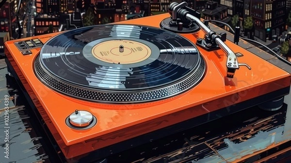 Obraz Orange Turntable with Cityscape Background