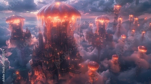 Obraz Floating Cityscape with Glowing Jellyfish
