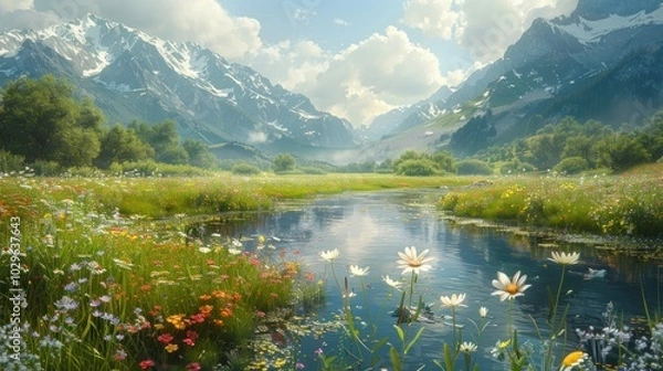 Obraz Serene Mountain Meadow with a Stream
