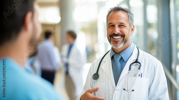 Fototapeta A doctor interacts warmly with a colleague, gesturing and smiling broadly in a busy hospital hallway, conveying care, professionalism, and effective communication.