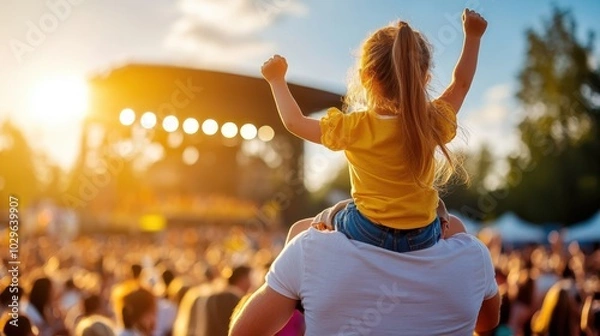 Fototapeta A child sits on an adult's shoulders, raising arms in joy amidst a large, vibrant crowd at an outdoor music festival with a lit stage in the background at sunset.
