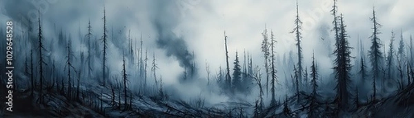 Fototapeta Eerie landscape with tall, burned trees under a cloudy sky.