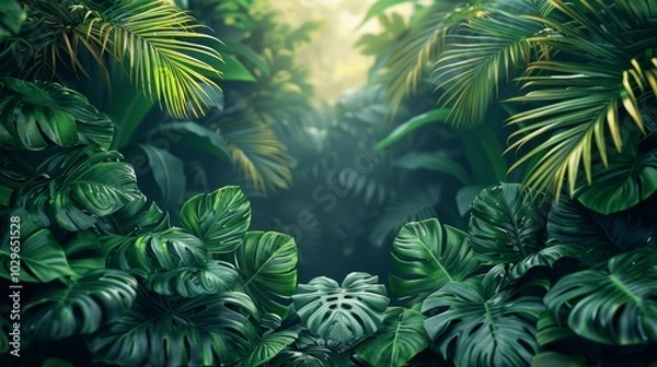Obraz Lush Tropical Jungle Background with Green Palm and Monstera Leaves, Nature Summer Banner