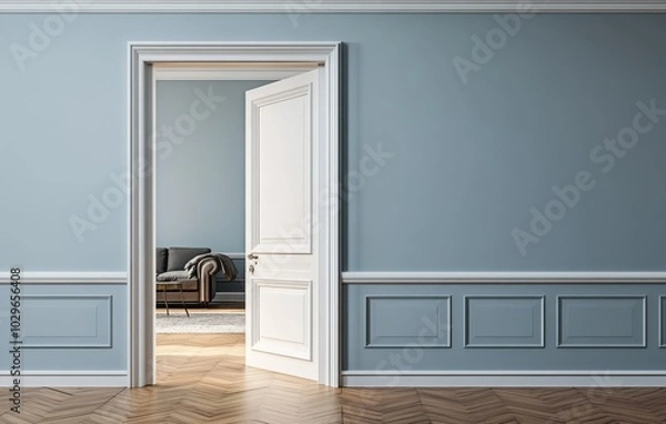 Fototapeta Elegant room with an open white door revealing a cozy armchair and soft lighting.