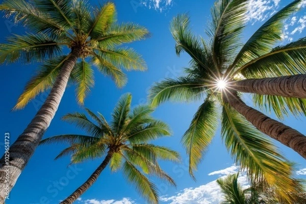 Fototapeta Palm tree branches swaying under a bright midday sun, with a clear blue sky