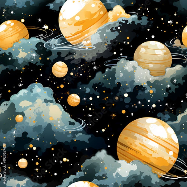 Fototapeta Futuristic Space Pattern with Planets and Orbit Lines