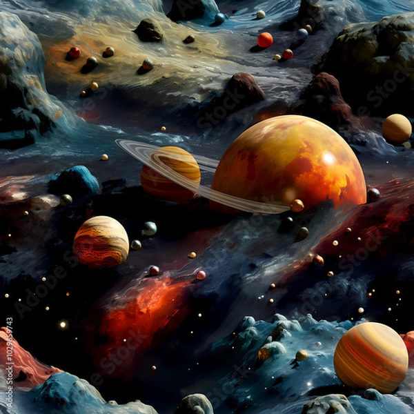 Fototapeta Futuristic Space Pattern with Planets and Orbit Lines