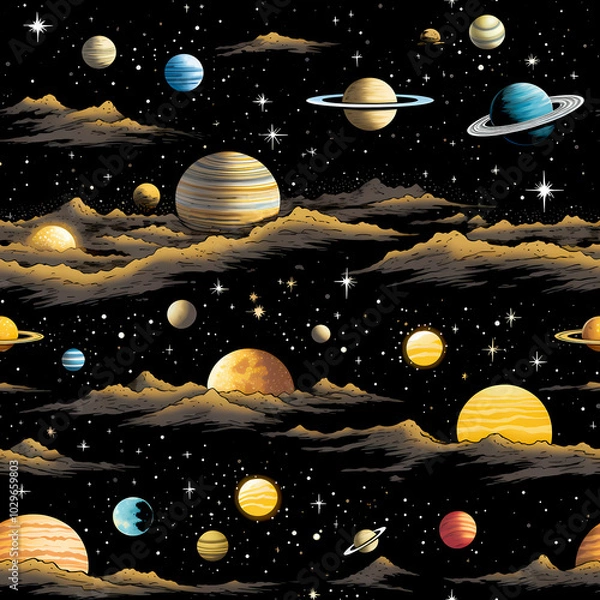 Fototapeta Futuristic Space Pattern with Planets and Orbit Lines