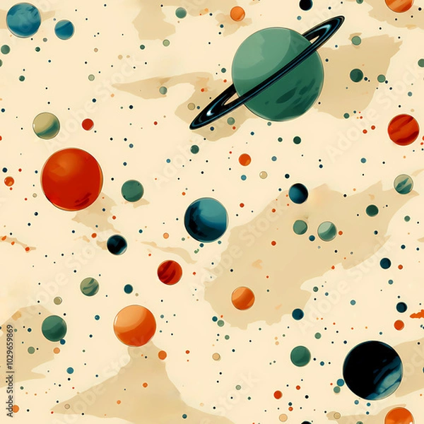 Fototapeta Futuristic Space Pattern with Planets and Orbit Lines