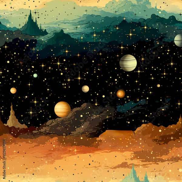 Fototapeta Futuristic Space Pattern with Planets and Orbit Lines