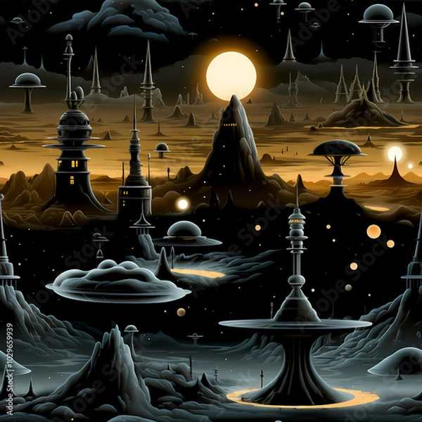 Fototapeta Futuristic Alien Planet Landscape Seamless Pattern with Sci-Fi Structures