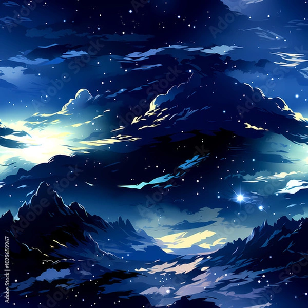 Fototapeta Seamless Fantasy Landscape Pattern with Mountains and Clouds