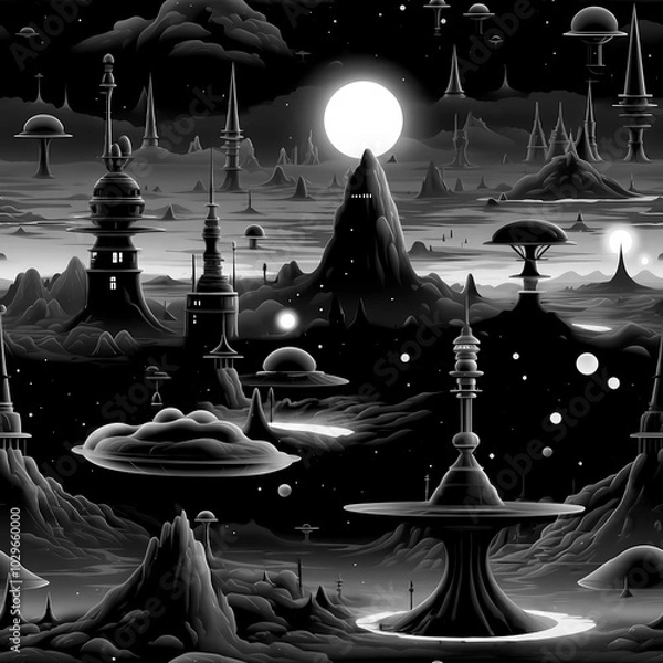 Fototapeta Futuristic Alien Planet Landscape Seamless Pattern with Sci-Fi Structures