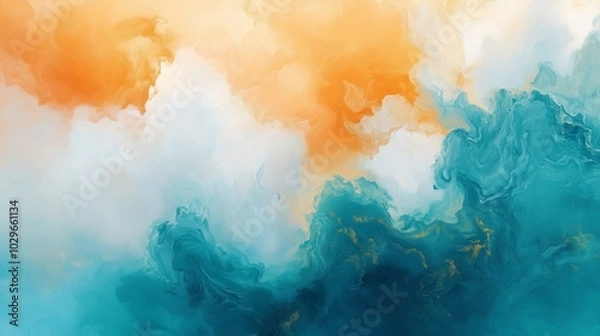 Fototapeta Abstract ocean waves with vibrant orange and turquoise colors blending in a serene skyscape, capturing the beauty of nature’s artistry