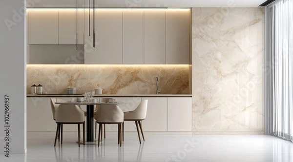 Fototapeta A sleek kitchen with neutral tones, marble textures, and minimalist design featuring elegant dining setup.