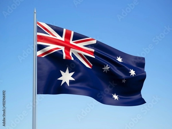 Fototapeta Australia 3d flaga unosząca się na wietrze na tle błękitnego nieba