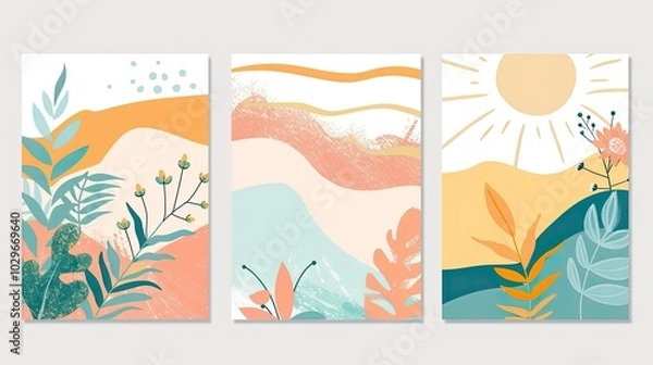 Fototapeta Three paintings of a beach scene with a sun in the sky