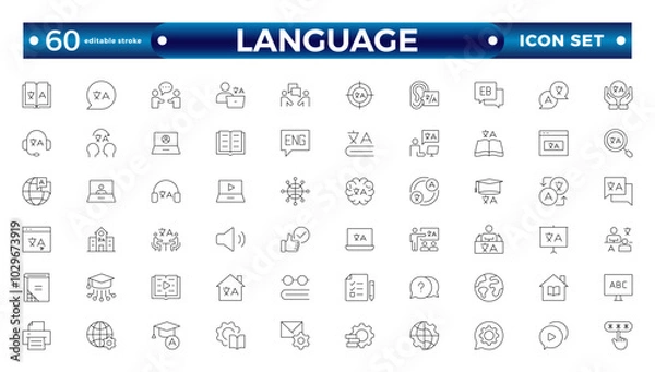 Fototapeta Language web outline icon set. Language translation, linguistics, speaking, dictionary, listening skills, writing, communication, translate, speech, non-verbal, writing. Editable stroke outline icon.
