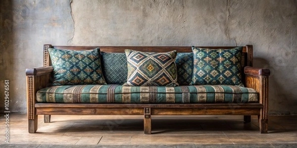Fototapeta A rustic wooden couch with intricate carvings, adorned with patterned cushions, rests against a weathered concrete wall.