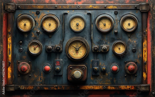 Fototapeta Timeworn Tech: Vintage Dials & Switches on Control Panel