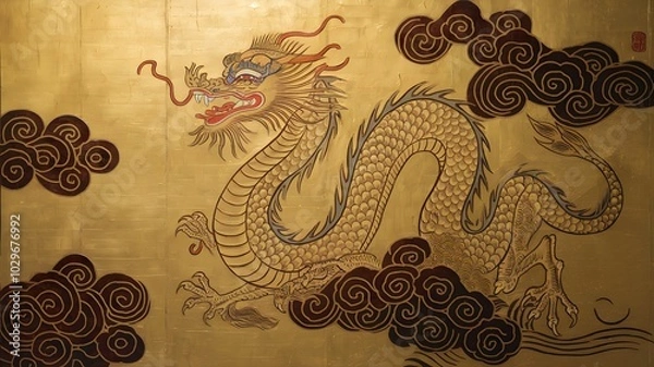 Fototapeta Majestic East Asian Style Dragon Painting with Celestial Clouds and Patterns