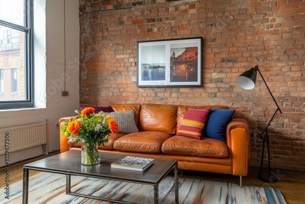 Fototapeta A cozy living room featuring a brick wall, vibrant orange sofa, colorful pillows, a sleek coffee table, and a touch of greenery with flowers.