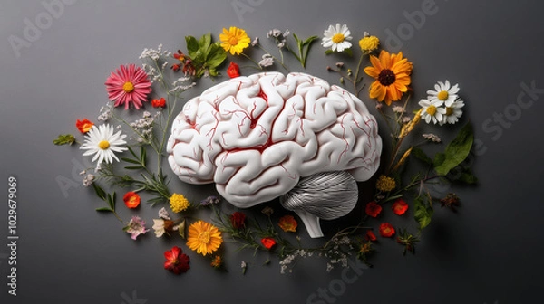 Fototapeta brain surrounded by vibrant wreath of wildflowers, showcasing blend of colors and textures. This artistic representation symbolizes creativity and beauty of nature intertwined with human thought