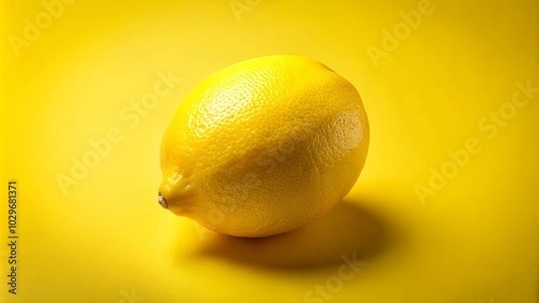 Fototapeta A Solitary Lemon, Its Ripe Yellow Skin Gleaming Under a Bright Light, Casts a Subtle Shadow on a Vibrant Yellow Background