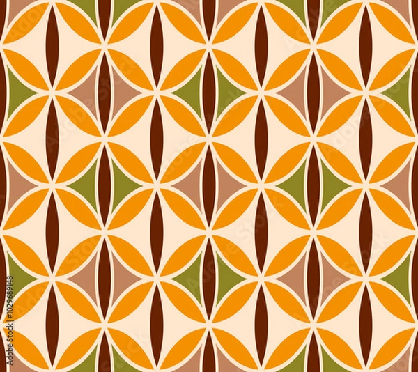 Fototapeta Retro midcentury circles petals geometrics orange Raster Pattern. Bohemian round geometrics in orange, brown optical seamless pattern.