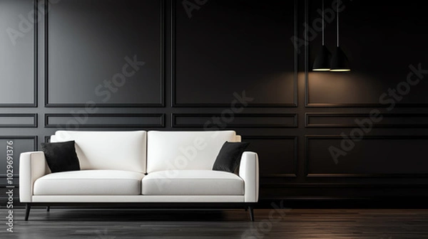 Fototapeta Modern white sofa against dark wall backdrop
