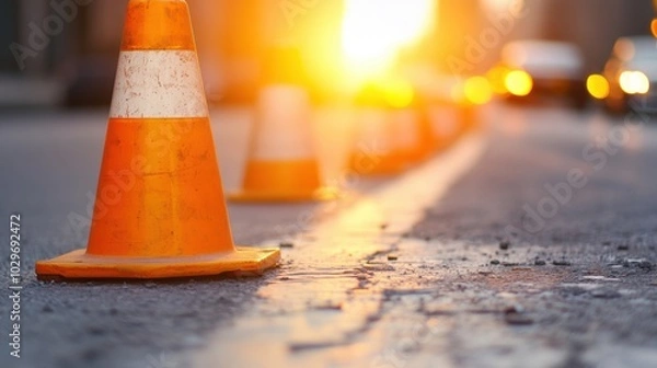 Fototapeta Traffic cones are lined up carefully on a city street while the sunset illuminates the area with a golden hue