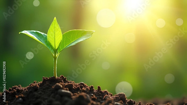 Fototapeta World Earth Day banner Young green plant growing at sunlight save clean planet ecology concept Environment