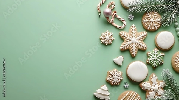 Fototapeta Festive flat lay of Christmas cookies on a green background, colorful icing and details, space for text, cheerful holiday presentation