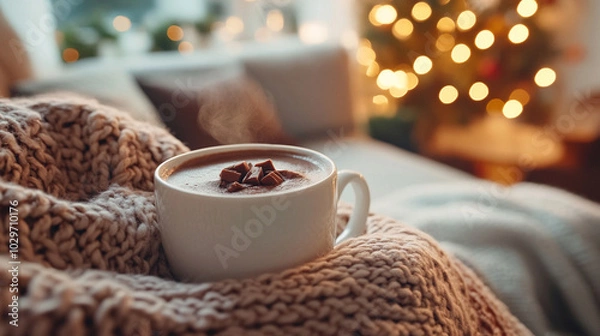 Obraz cup of hot chocolate, creating a warm, inviting atmosphere. The blurred winter backdrop enhances the feeling of comfort and relaxation during chilly days
