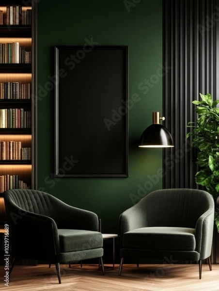 Fototapeta A contemporary living room featuring a dark green wall, two plush velvet armchairs, a bookshelf, and a large empty frame ready for your artwork or design.
