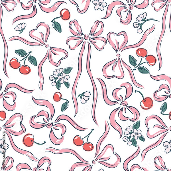 Fototapeta Pattern seamless cherries , flower and bows isolated on transparent background.