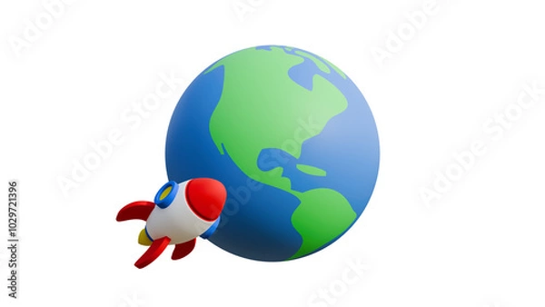 Fototapeta Realistic 3d cartoon emoji emotion icon flying rocket around planet earth rotate isolated on transparent alpha channel background 