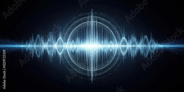 Fototapeta Harmonic sound wave energy with circular particle effect in a minimalist dark setting, sound waves, energy, circular