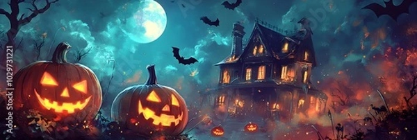 Fototapeta Jack-o-lanterns in front of haunted halloween house with bats and moon on the sky