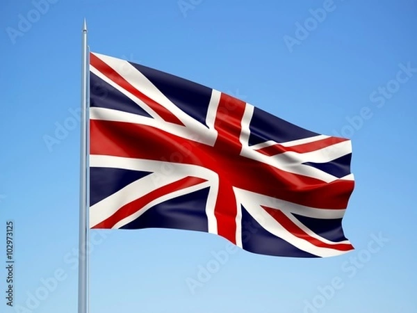 Fototapeta United Kingdom 3d flag floating in the wind with a blue sky background