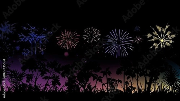 Fototapeta Spectacular Fireworks Display Against a Dark Night Sky, Bursting with Colorful Explosions and Illuminating the Nightview in a Brilliant and Festive Scene