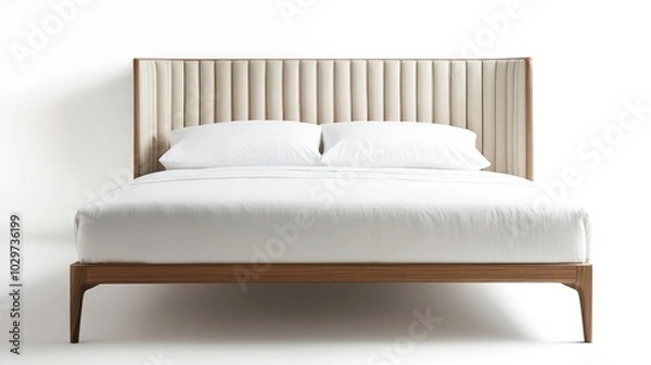 Fototapeta Modern double bed with minimalist headboard, white bedding, white background