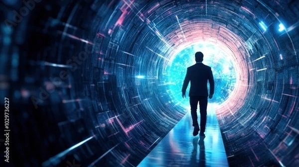 Fototapeta A businessman walks through a futuristic tunnel towards a glowing orb, symbolizing innovation, progress, and a bright future.