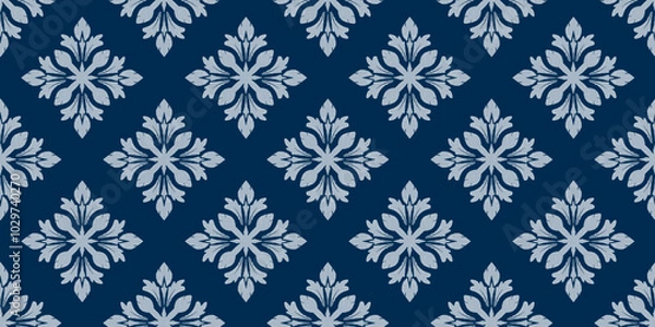 Fototapeta A decorative navy blue wallpaper featuring elegant floral patterns in light blue, creating a classic and sophisticated design.