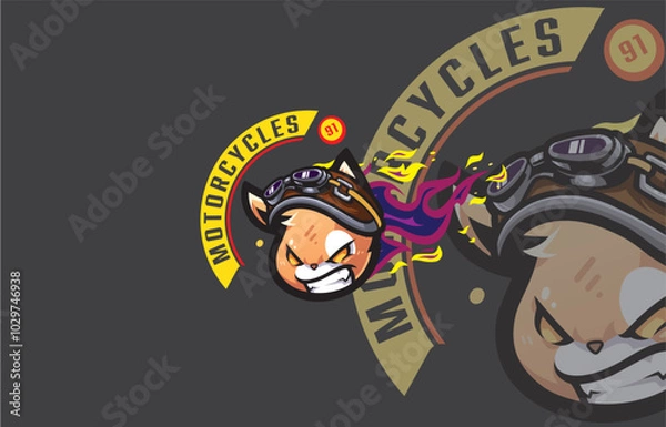 Fototapeta A fierce fox character wearing a leather helmet and goggles with purple flames, symbolizing speed and energy in motorcycle culture.