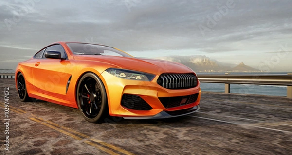Fototapeta A high-quality, royalty-free 3D rendering of an orange sports car driving on a scenic coastal road, under a cloudy sky.