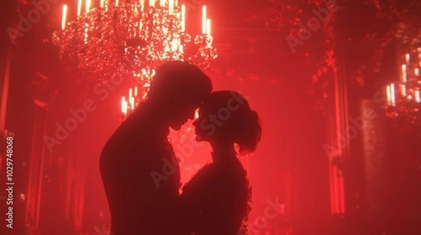 Obraz Elegant Vampire Couple Embracing in Candlelit Ballroom | Classic Monsters Revamped 3D Illustration