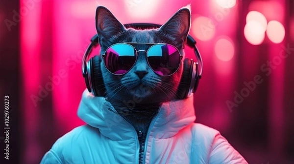 Fototapeta Fantasy cat-headed character in sleek headphones and reflective sunglasses, white jacket standing out against a dynamic pink and blue split background