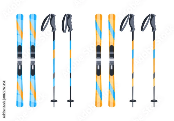 Obraz Pairs of blue and orange mountain skis and ski poles standing upright