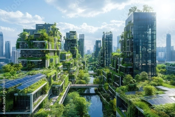 Fototapeta Futuristic Urban Architecture with Greenery and Solar Panels in a Modern Eco-Cityscape